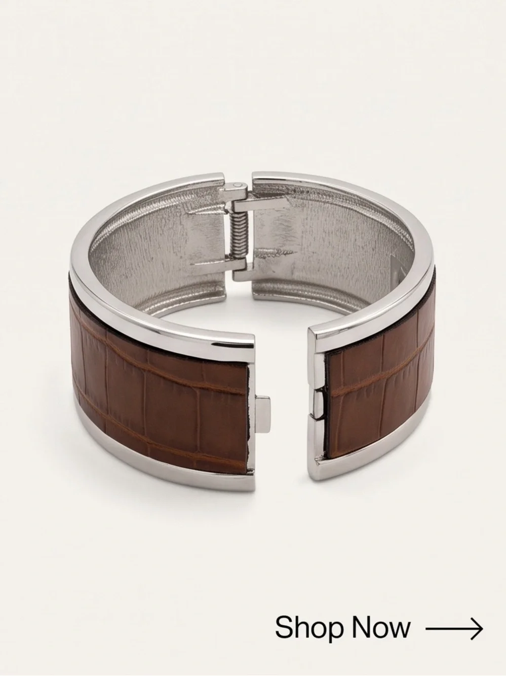 Silver-Toned Wide Cuff Clamper Bracelet with Brown Croc-Embossed Leather, 8-1/2”